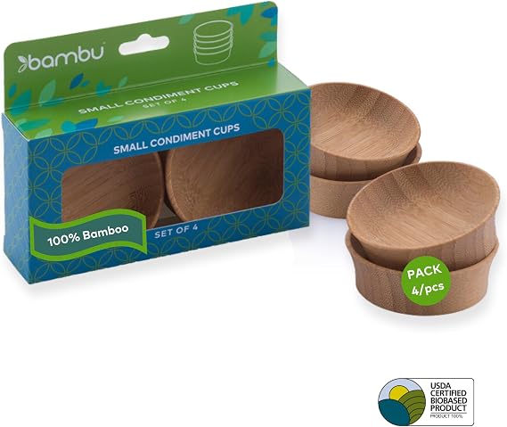 Bambu Pack of 4 - Small Reusable Bamboo Condiment Cups, Natural Wood and Food-Safe Finish, Eco Friendly Dish Alternative, Compostable Cups
