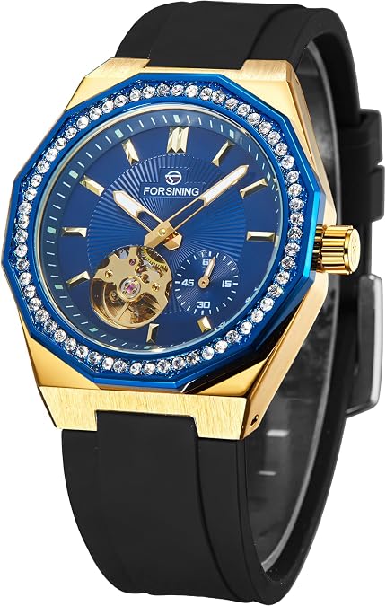 Men's Automatic Mechanical Watch, Skeleton Tourbillon, Diamond Bezel, Waterproof Luxury Dress Wristwatch for Men, Stainless Steel/Silicone Band, Ideal Gift for Him