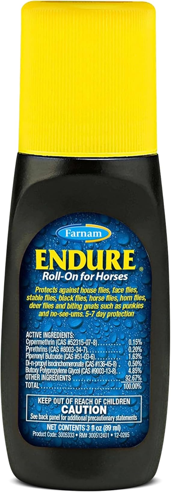 Farnam Endure Roll-On Fly Repellent for Horses Up to 7 Days Protection 3 oz | Long-Lasting Sweat-Resistant Protection for Faces, Ears, and Sensitive Areas, Repels Flies, Mosquitoes, Gnats and Ticks