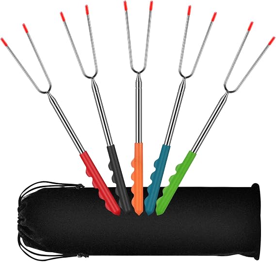 Samoleus 5 Piece Skewer 32 cm – 115 cm – BBQ Spit Campfire Stainless Steel BBQ Fork Barbecue Skewers with Rubber Grip Handle and Carry Bag Set for BBQ, CAMPING, Marshmallows, Camp Fire 