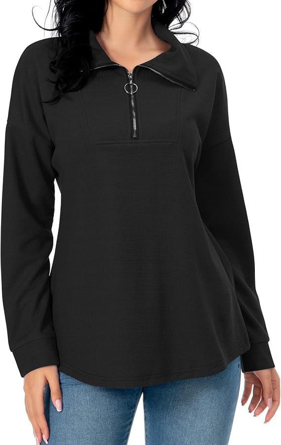 Womens Trendy Casual Long Sleeve Collared Waffle Knit Tops Fall Winter Soft Lightweight Quarter Zip Pullover Sweaters