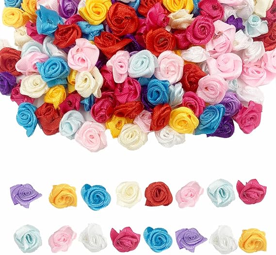 Mini Satin Ribbon Roses, 100Pcs Small Artificial Fabric Flowers for Crafts,Cute Mini Ribbon Roses Flower Embellishments Rosettes Applique for Sewing DIY Craft Decoration Wedding Festival Accessories