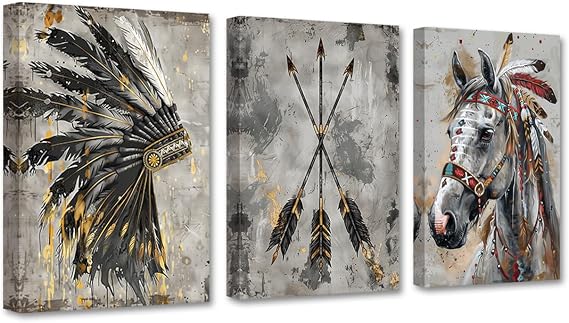 PBXBJY Native American Wall Art Indian Canvas Prints 3 Pieces Indian Chief Feather Headdress Arrow Horse Pictures Vintage Tribal Theme Painting Poster Decor Frame (12x16inchx3Pcs)