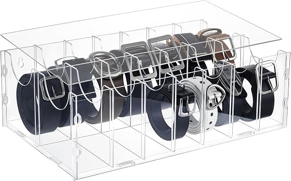 Acrylic Belt Organizer for Closet, Adjustable Belt Storage Holder with Dust Cover - Clear 14 Compartments Tie Organizer for Men Women, Beltbox Display Holder for Bow Tie, Jewelry & Watch