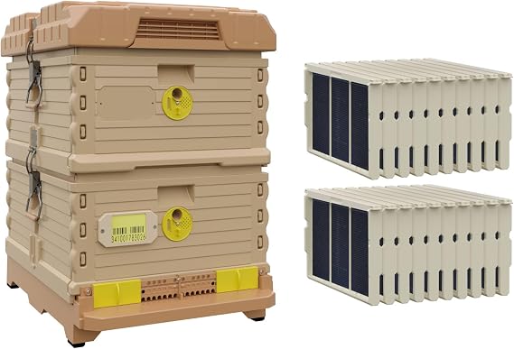 Apimaye Ergo Insulated Bee Hive Set with Plastic PRO Frames with Premier Double Wax Foundations (Tan Body Yellow Entrance, Double Deep)