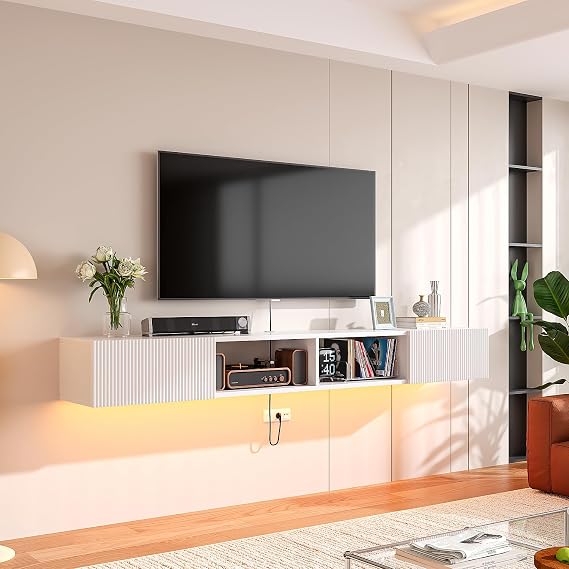 Plywood Floating TV Stand with Fluted Doors,White,55 inch