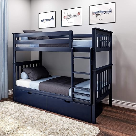 Max & Lily Bunk Bed, Twin-Over-Twin Wood Bed Frame for Kids with Storage Drawers, Blue