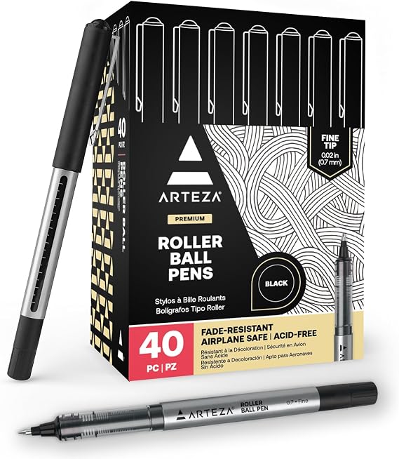 ARTEZA Rollerball Pens, Pack of 40 Black Ink Fine Point Pens with 0.7 mm Tip for Journaling, Notetaking, Office Work, and Everyday Writing