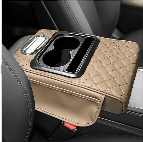 Car Center Console Armrest Pillow, Leather Car Armrest Cushion with Cup Holder & Phone Holder, Universal Armrest Storage Box Protector for Most Vehicles, Car Accessories (Beige, Embroidered)