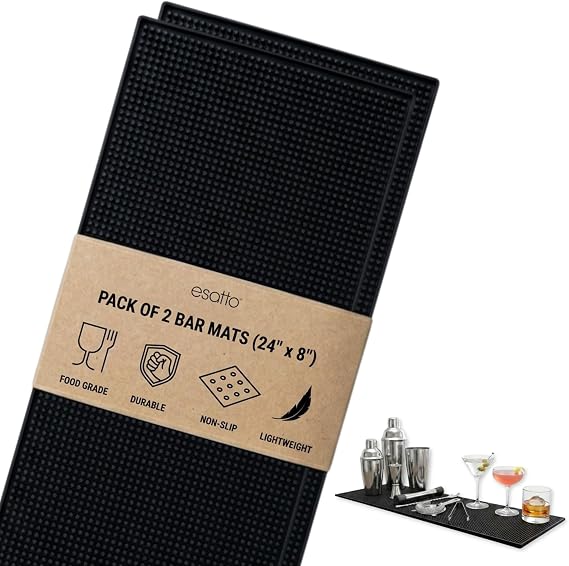 Esatto 23.375 x 7.75 Double Width Professional Spill Bar Supply Mat Bartender Non-Slip Black Bar Mat Coffee Drinks Mixing Pad for Bars, Home, Kitchen, Restaurants (2 Pack, Black)