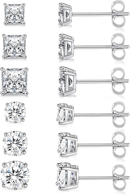 18K Gold Plated Round Princess Cut Clear Cubic Zirconia Stud Earring of 6 Pairs