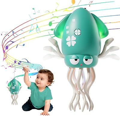 Dancing Octopus Crawling Toys for Babies 6-12 Months, Tummy Time Squid Toys wFishing Rod, Lightup Music Smart Obstacle, Quiet Mode, Interactive Toy for Boy Girl 1-3 Birthday Green