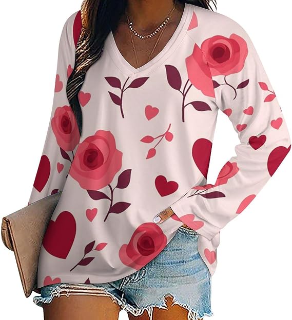 Valentine Day Shirts for Women Plus Size V Neck Long Sleeve Pullover T-Shirts Valentines Colorful Heart Print Tops