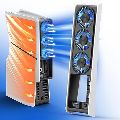 PS5 Slim için LED fan, yükseltilmiş otomatik ON/OFF PS5 ince soğutucu araç sıcaklık sensörü soğutma fanı PS5 Slim dijital ve disk sürümleri için 2 ayarlanabilir hız ve USB bağlantısı