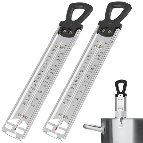 2 Pcs Stainless Steel Candy Thermometer with Pot Clip, Cooking Thermometer with Hanging Ring Handle, Instant Read Deep Fry Thermometer Classic Glass Food Thermometer for Sugar Syrup Jam Jelly Oil