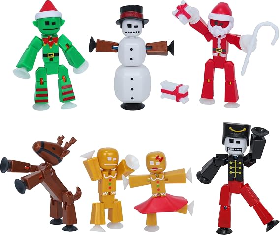 Zing StikBot Christmas Crew Pack 7 Festive Themed Poseable Action Figures with Holiday Accessories, Stop Motion Animation Toy for Kids