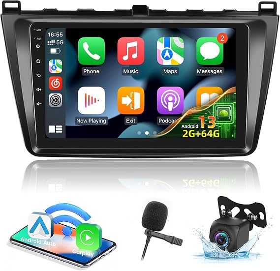 EKAT Android Car Stereo [2+64G] for Mazda 6 2007-2012 - 9 Inch Touch Screen Radio with Wireless Carplay, Android Auto, EQ, Mirror Link, WiFi, GPS, SWC + AHD Rear View Camera
