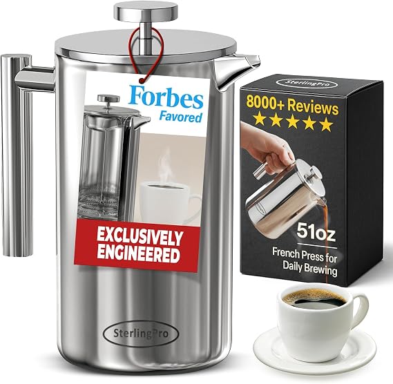 SterlingPro Large Insulated Stainless Steel French Press Coffee Maker 1.5L – Insulated Metal Big Double Wall Coffee Maker | Plastic Free | Cool-Touch | Mirror Finish | Makes up to 11 Cups / 6 Mugs