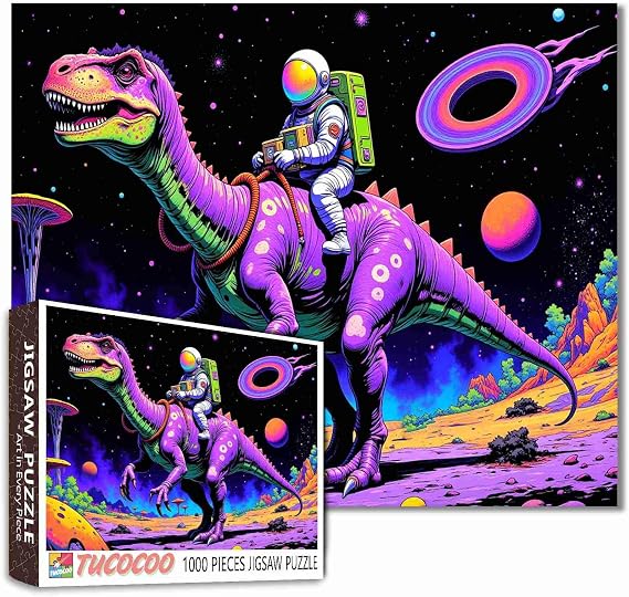 Astronaut Rides Dinosaur Jigsaw Puzzles for Adults 1000 Pieces Outer Space Jigsaw Puzzle Galaxy Nebula Painting Extraterrestrial Organisms Jigsaw Puzzle 20 x 27 Inch Colorful Puzzles for Home