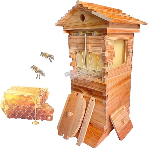 Self-Flow Hive Beehive Starter Kit, with Observation Window and Honey Spout, Includes 4 Bee Frames and 6 Honeycomb Trays, for Beekeeping, Garden Pollinators
