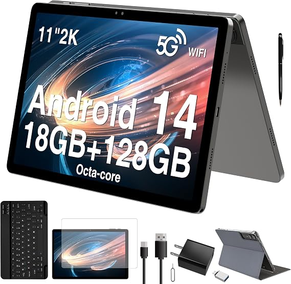2026 Latest 11 inch Android Tablet with Gemini AI, 2-in-1 Tablet with Keyboard and Pen, 18GB RAM 128GB ROM 1TB Expand, 2K Display Octa-Core, 13MP Camera 9000mAh Battery, GPS Face ID, Quad Speakers