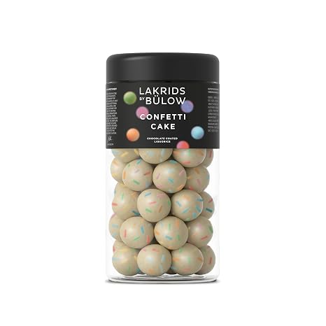 LAKRIDS BY BÜLOW - Confetti Cake - 270g - Danish Gourmet Liquorice Balls - Sweet Liquorice Core Wrapped in White Chocolate Vanilla Colourful Sprinkles and Strawberry and Pineapple Notes