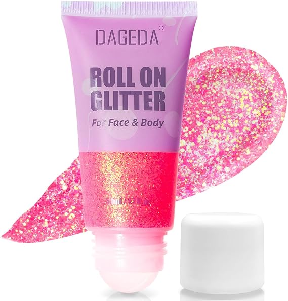 DAGEDA Pink Roll-on Body Glitter,Holographic Hair Face Glitter Gel