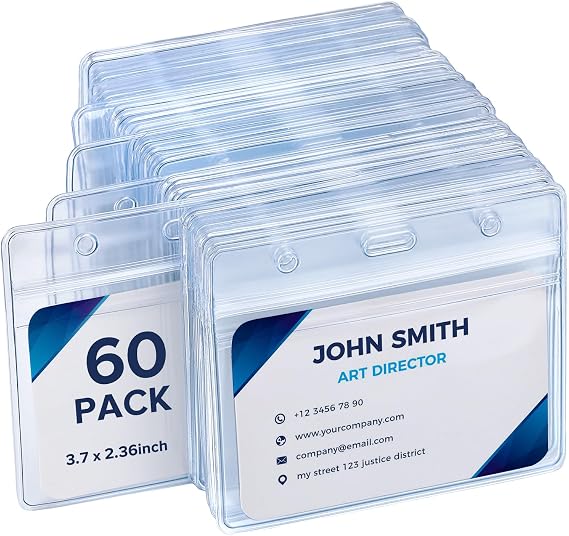 60 Pack Horizontal Badge Holders, Clear Waterproof ID Card Holder | PVC plastic, resealable zip seal, 9.6 x 8 cm, scan without removal, for ID, work, student and cruise cards