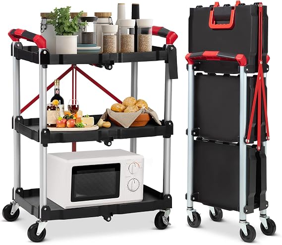 Foldable Utility Cart with Wheels 3-Tier Rolling Cart with Fixed Rope, Collapsible Service Cart for Home, Office, Garage, Warehouse, No Assembly Required