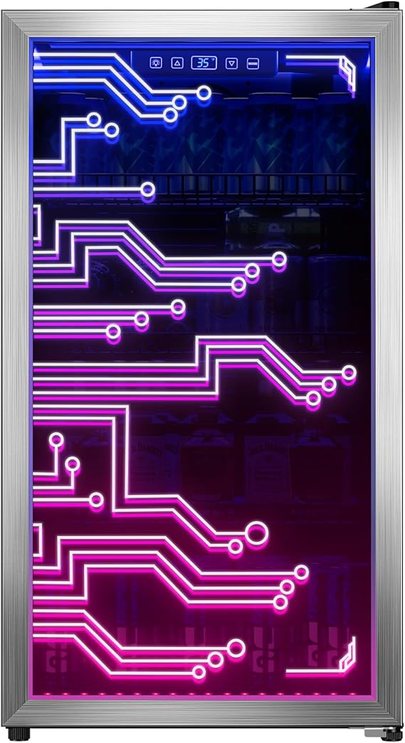 Cyberpunk Beverage Cooler, 130 Can Mini Fridge, LED Light Door, Gaming Room | Colorful LED Ambient Lighting, Freestanding for Bar & Party, Adjustable Shelves for Cans & Bottles