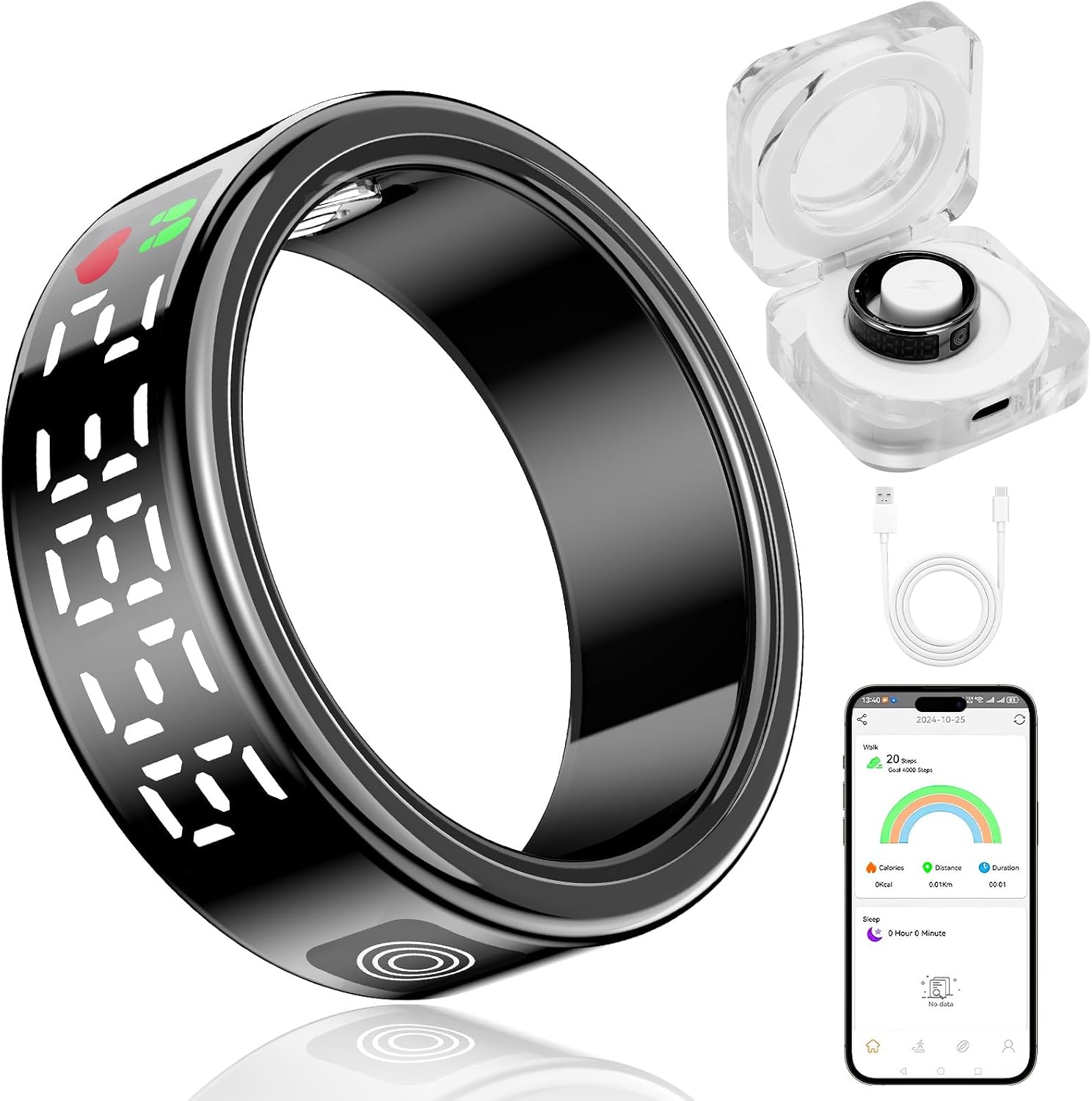 Smart Ring with Display - Fitness Tracker, Heart Rate Monitor, Sleep Tracker, Step Counter, Gesture Control for TikTok & Camera - IP68 Waterproof, Extended Battery Life Black #12