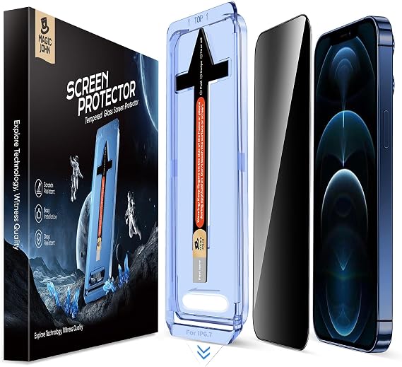 MAGIC JOHN 2 Pack for iPhone 12 Pro Max Privacy Glass Screen Protector, Auto Dust-Elimination Installation, Bubble Free, Anti Spy, Easy Installation