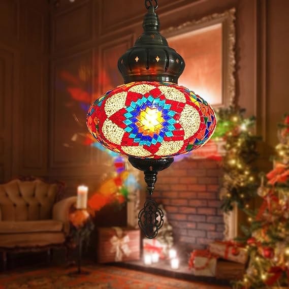 BOTOWI (12 Colors) Hanging Ceiling Mosaic Lamp Light Chandelier, Turkish Moroccan Pendant Lights, Multicolor Decorative Colorful Glass Globe Fixtures Living Room Bedroom Home Decor,color E [Energy Class A]