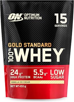 Optimum Nutrition 100% Gold Standard Whey Protein Powder, 24g Protein, Vanilla Ice Cream, BCAA, low-sugar, Fast-Digesting Isolate for Muscle Gain & Recovery, 450 g, 15 Servings