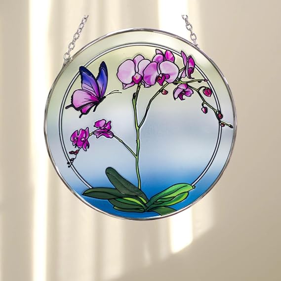 Aleena Studios Pink Orchid Purple Butterfly Stained Glass Window Hanging Suncatcher, 6.5'' Glass Panel Decor for Home & Gift for All Occasions