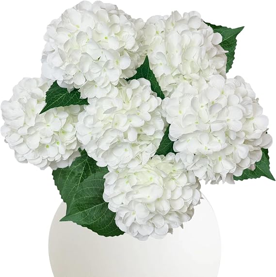 6PCS White Hydrangea Artificial Flowers, Bulk Silk Fake Flower with Stems