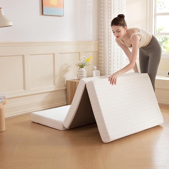MLILY Folding Mattress, 3 inch Single Tri-fold Memory Foam Mattress, Foldable Mattress with Storage Bag and Washable Cover, Travel and Guest Mat, 75"25", White