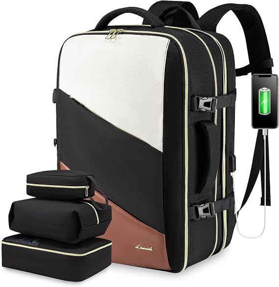 LOVEVOOK Travel Backpack Men Women Cabin Size, Large Carry on Backpack 40L Expandable, Flight Approved Hand Luggage Backpack, Anti-theft Laptop Rucksack 17 Inch, Weekender Bag,Black Beige Brown