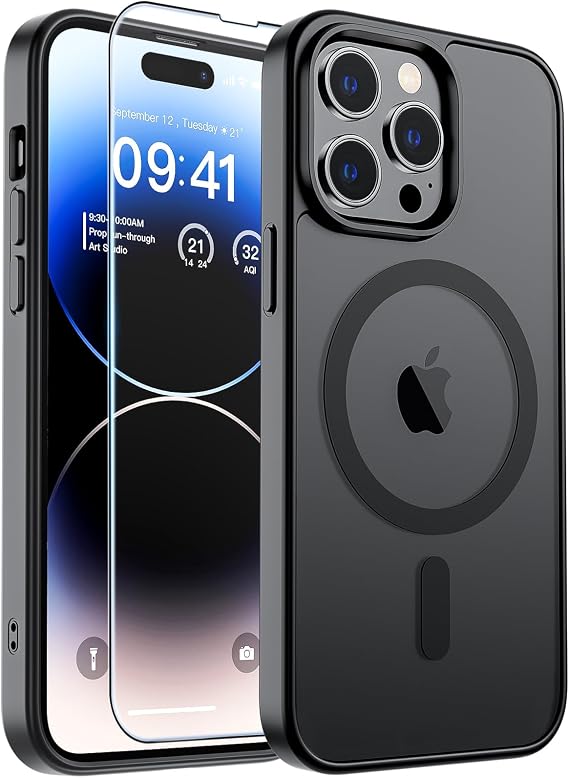 SUPFINE iPhone 14 Pro Max için Manyetik Kılıf [MagSafe ile Uyumlu] [10 FT Askeri Sınıf Düşme Koruması] İnce Yarı Saydam Mat Darbeye Dayanıklı Parmak İzi Önleyici Telefon Kılıfı, Mat Siyah