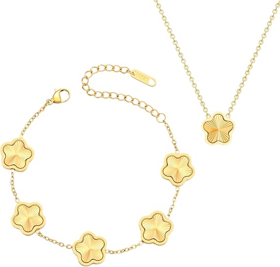 18K Gold Plated Clover Bracelets for Women Set - Four Leaf Flower Lucky Four Leaf Link Bracelet Necklace Earrings Jewelry Gift for Women Vancleaf, 2XL, Stainless Steel, No Gems