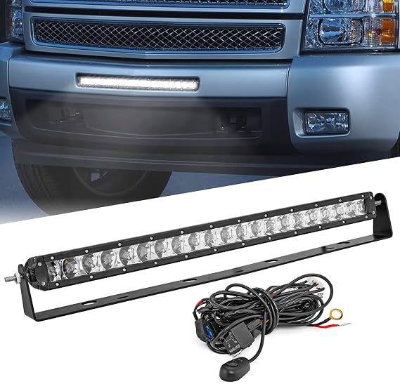 Mofun 22" 150W LED Light Bar Kit & Front Hidden Lower Bumper Mounting Brackets Compatible with Chevy Silverado 1500 2007-2013