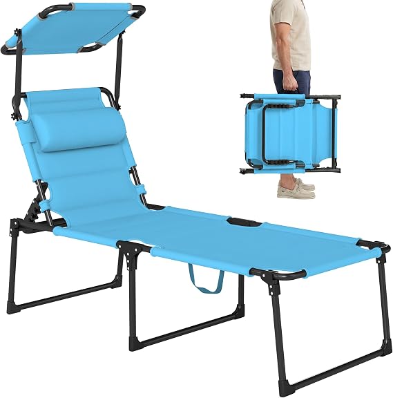 Outsunny Outdoor Lounge Chair Adjustable Tanning Chair Light Blue | Folding Chaise Lounge, Cushioned, Sunshade Roof, Pillow Headrest, Patio, Beach, Camping, Hiking