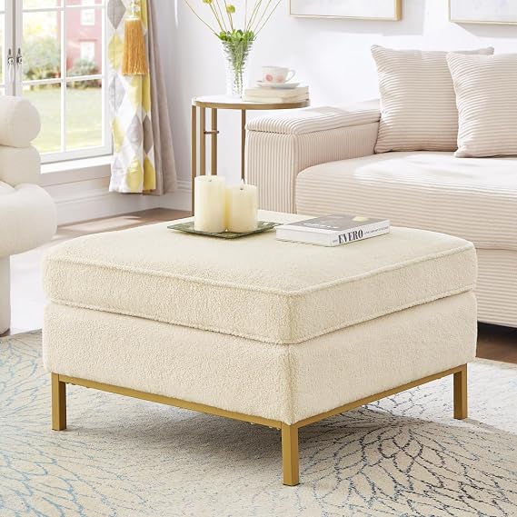 24KF Large Square Couch Ottoman for Living Room, Upholstered Teddy Fabric Padded Cushion Ottoman Table,Large Foot Rest,5088-Teddy Cream