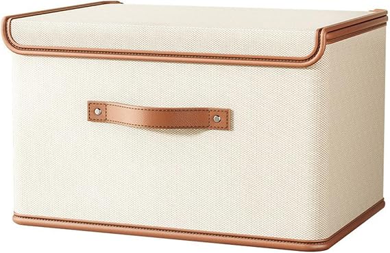 Oxford Fabric Storage Bins with Attached Lid - Large Clothes Organizer (44x30x29cm), Breathable Collapsible Closet Bins for Clothing, Seasonal & Dorm Organization, Beige