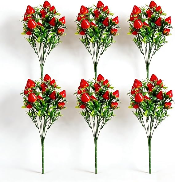 6PCS Artificial Strawberry Plants, Plastic Fake Strawberries Bouquet, 10.6'' Faux Strawberry Stems Decor for Home Indoor Table Decor