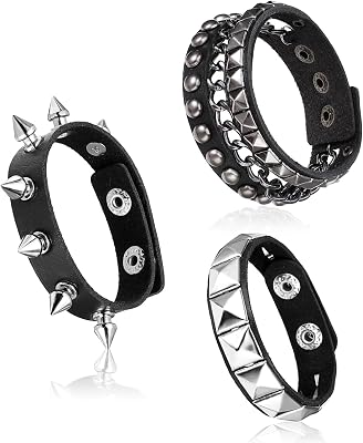 3 Pcs Punk Rock Leather Bracelets, Punk Rock Studded Bracelet Spiked Leather Cuff Bracelet for Men Women 80s Wristband Adjustable Wrap Wrist Cuffs for Halloween Party Favors