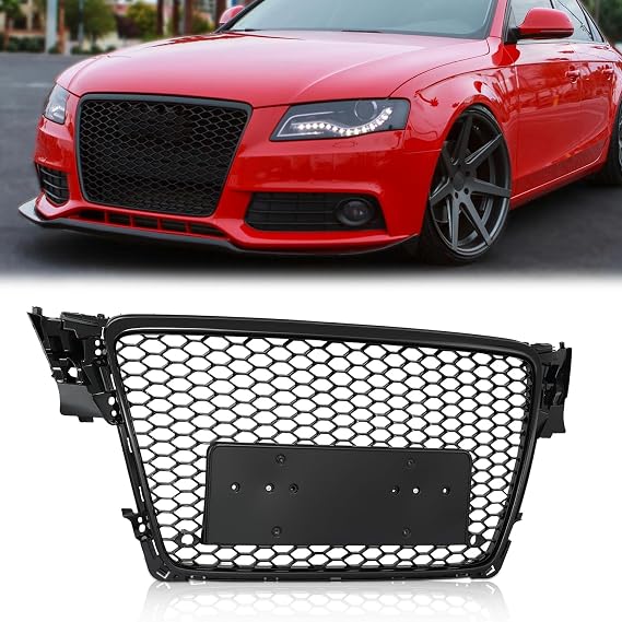 Front Bumper Grille Grill Compatible with 2009-2012 Audi A4/S4 B8 Hex Grille Mesh RS4 Style Gloss Black