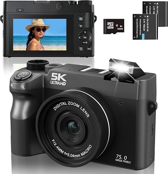 Digital Camera 5K 75MP Camera with Dual Camera Vlogging Camera for Videos with WiFi 3 Inch Compact Camera for Beginners 18X Digital Zoom Auto Focus with 64GB Card 2 Batteries