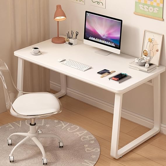 Modern Computer Desk Simple Style Study Table for Home Office, Wooden Writing Desks PC Table for Bedroom (White, 140x60cm)