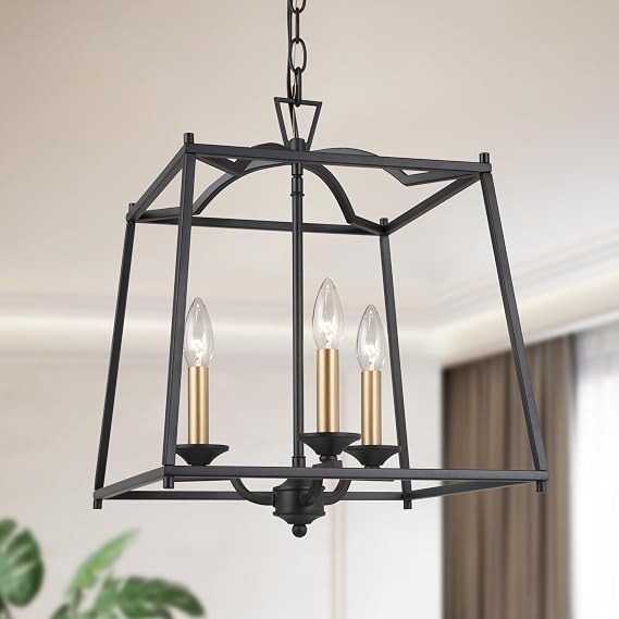 KSANA Black Gold Lantern Chandelier, 3 Light Hanging Light Fixtures for Dining Room, Modern Pendant Lighting for Kitchen Island with Black and Dark Gold Finish